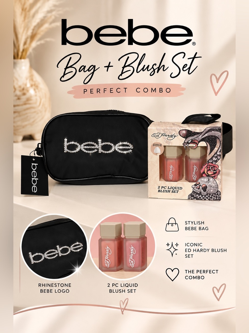NWT bebe Black belt Bag with Ed Hardy Pink Liquid Blush Duo